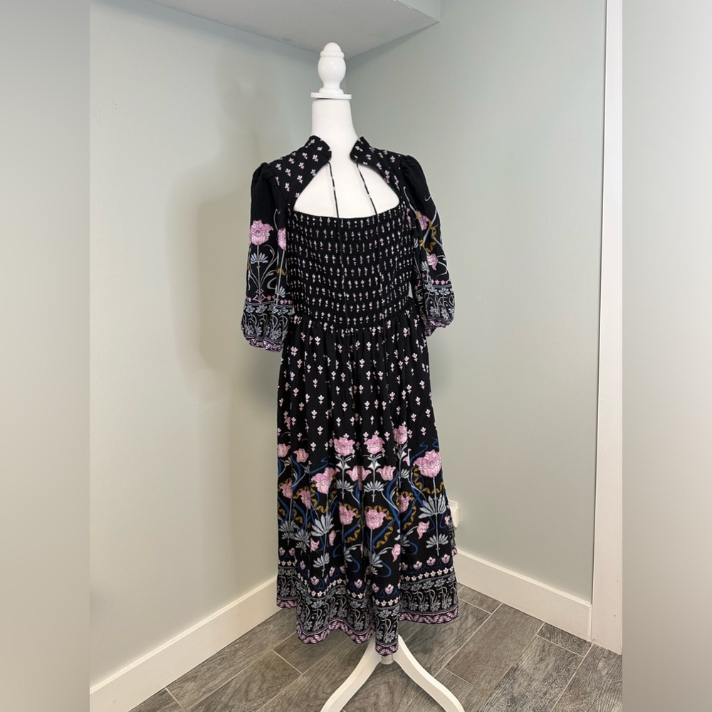 Anthropologie Dasha Smocked Midi Floral Tie Bohemian Dress Size Large - Picture 4 of 17